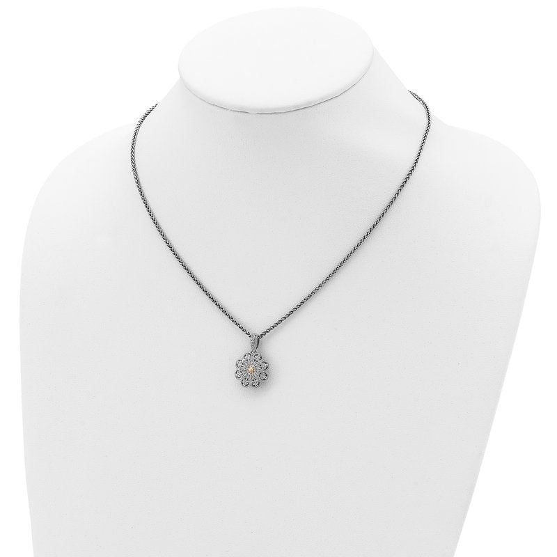 Sterling Silver Antiqued with 14K Accent 18 Inch Diamond Vintage Flower Necklace