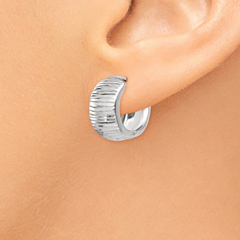 14K White Gold Textured and Polished Hinged Hoop Earrings