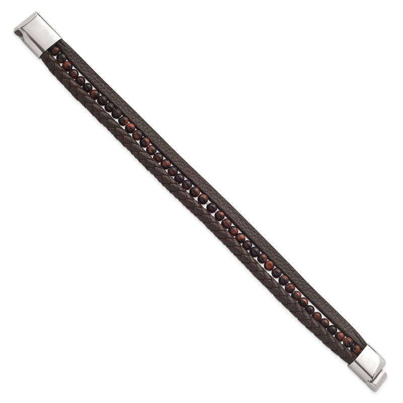 Stainless Steel Polished Multi Strand Tiger's Eye Beaded Brown Leather 8.25 inch Bracelet
