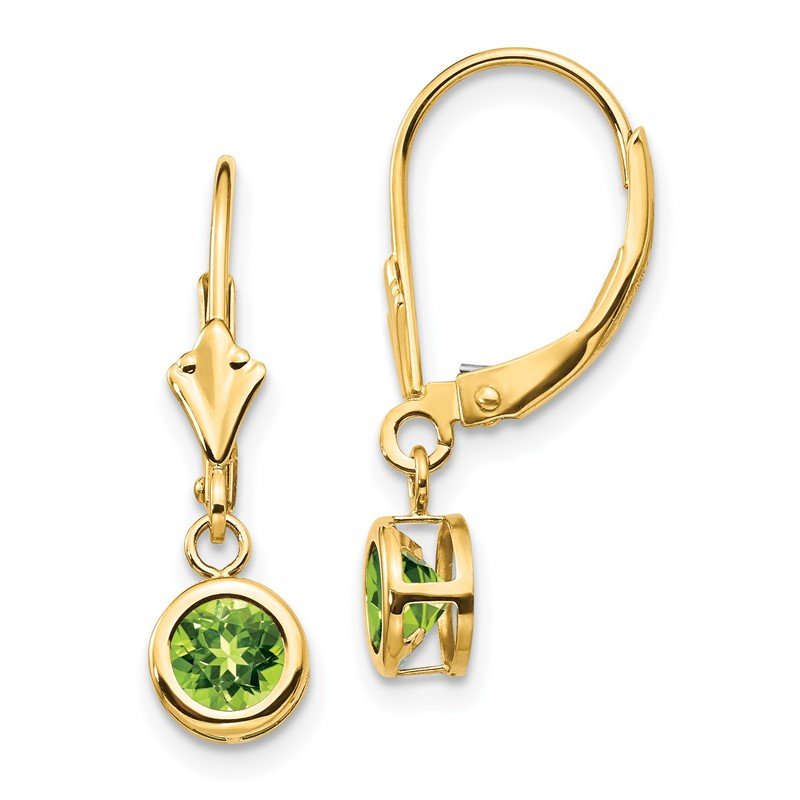 14k 5mm Round Peridot Bezel Leverback Dangle Earrings