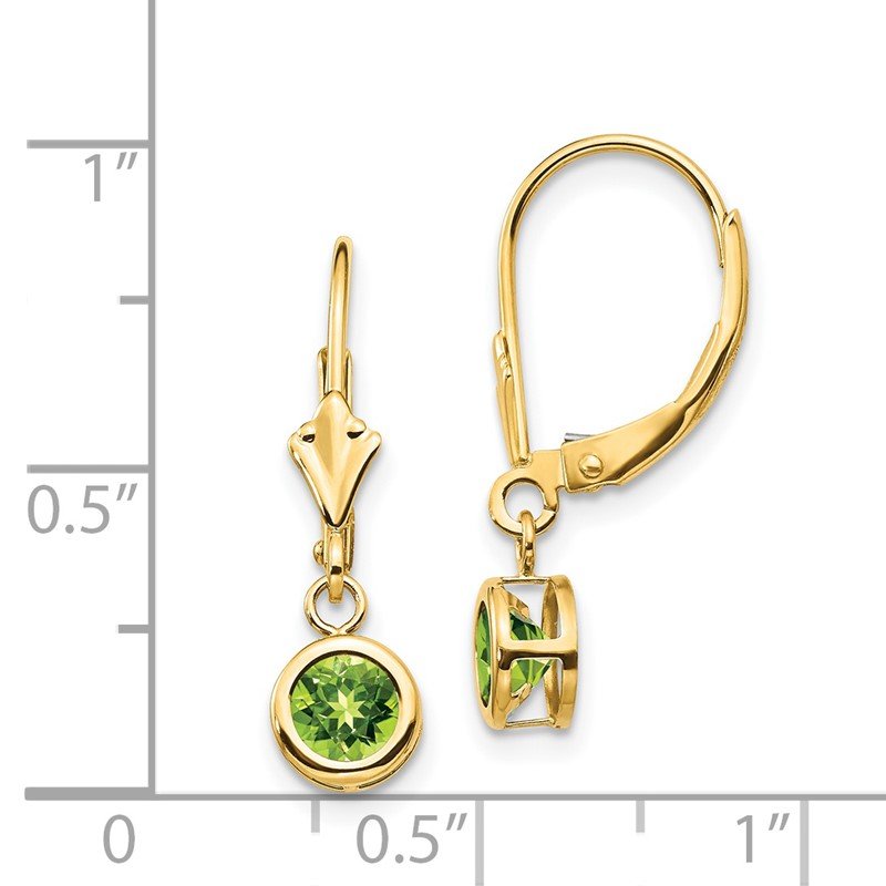14k 5mm Round Peridot Bezel Leverback Dangle Earrings