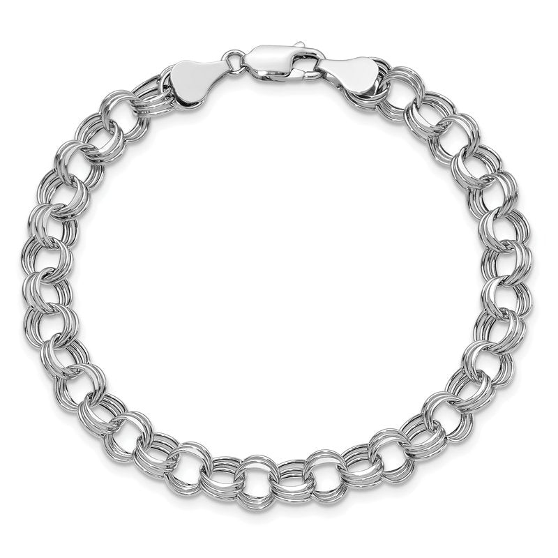 14k White Gold 7.5mm Hollow Triple Link 7.25 inch Charm Bracelet