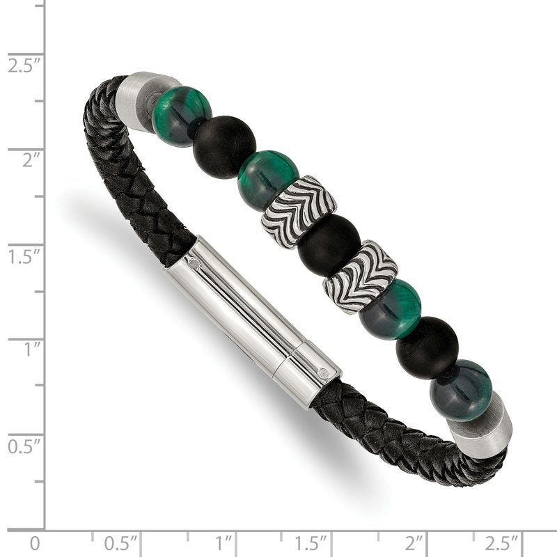 Stainless Steel Antiqued and Polished Black Agate and Green Tiger's Eye Beads Black Leather 8.5 inch Bracelet