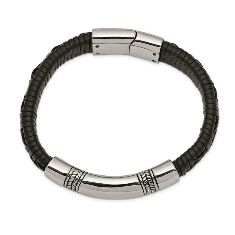 Stainless Steel Antiqued and Polished Black Woven Leather 8.25 inch ID Bracelet