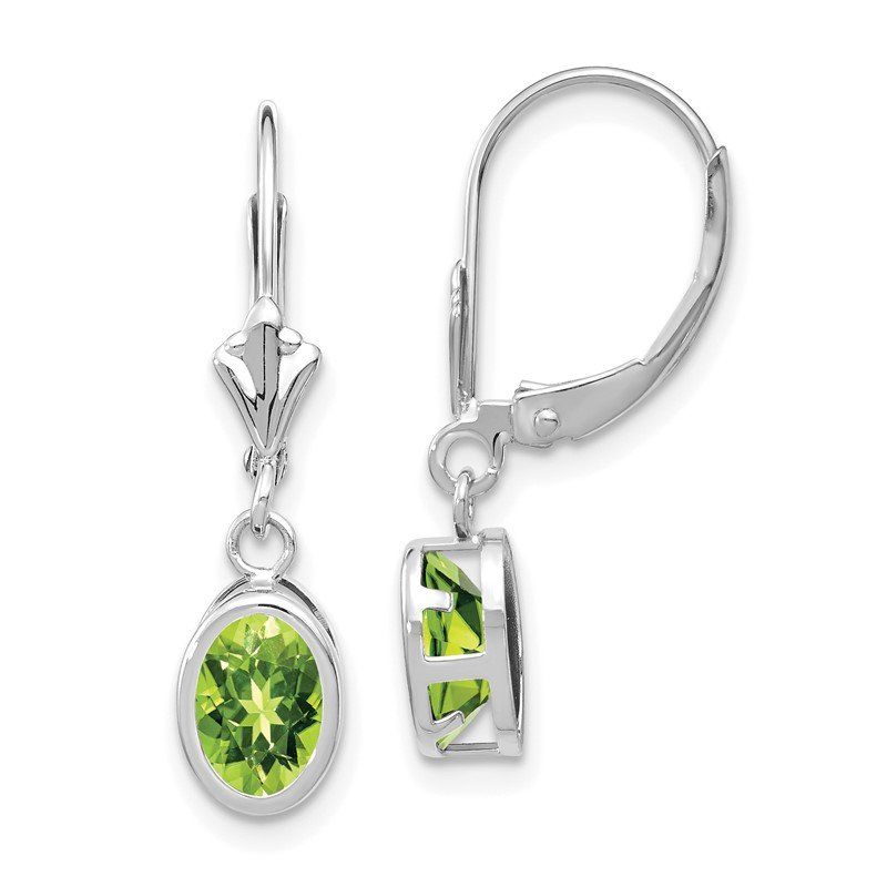 14k White Gold 7x5mm Oval Peridot Bezel Leverback Dangle Earrings