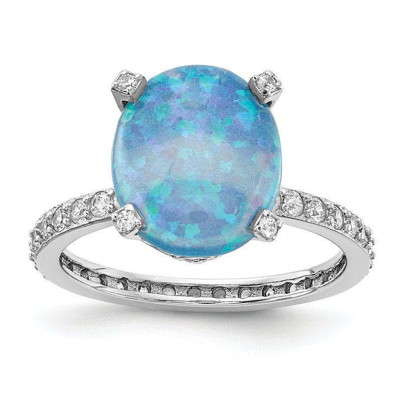 Sterling Silver Rhodium-plated Cabochon Lab Created Blue Opal and Brilliant-cut CZ Oval with Side Stones Ring