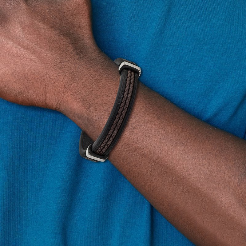 Stainless Steel Polished Black and Brown Braided Leather 8 inch Bracelet with .5 inch Extension