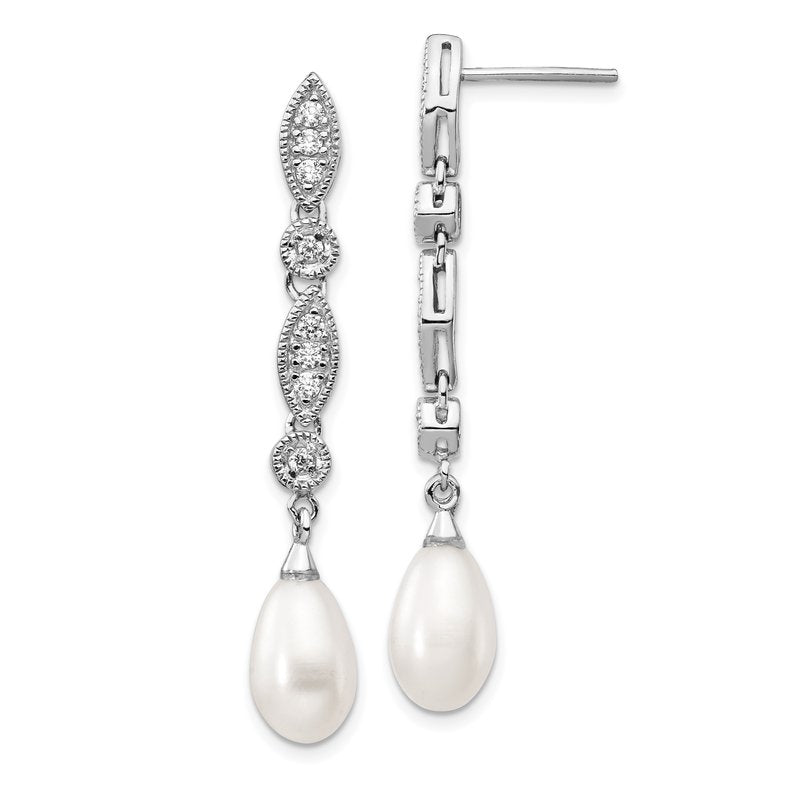 Sterling Silver Rhodium-plated Teardrop Freshwater Cultured Pearl and Brilliant-cut CZ Post Dangle Earrings