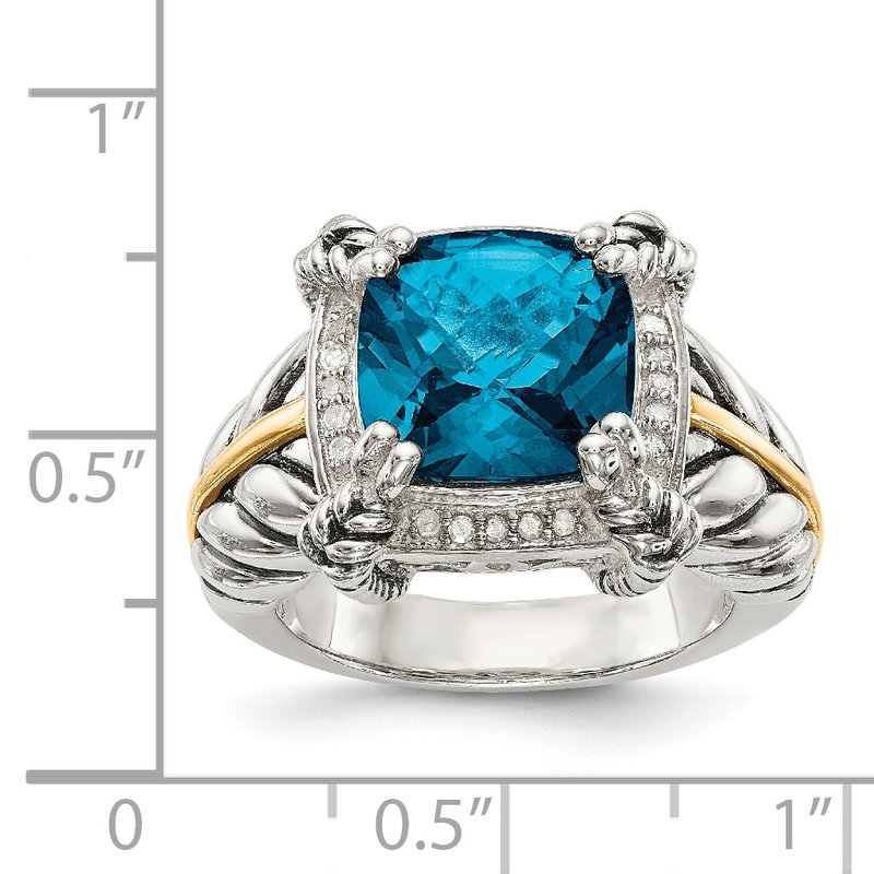 Sterling Silver with 14K Accent Antiqued London Blue Topaz and Diamond Ring