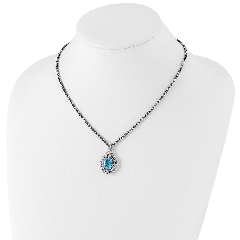 Sterling Silver with 14K Accent 18 Inch Antiqued Diamond and Oval Blue Topaz Necklace