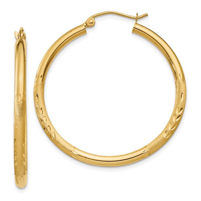 14k Satin &amp; Diamond-cut 2.5mm Round Hoop Earrings