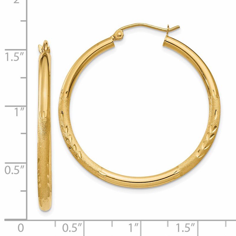 14k Satin &amp; Diamond-cut 2.5mm Round Hoop Earrings