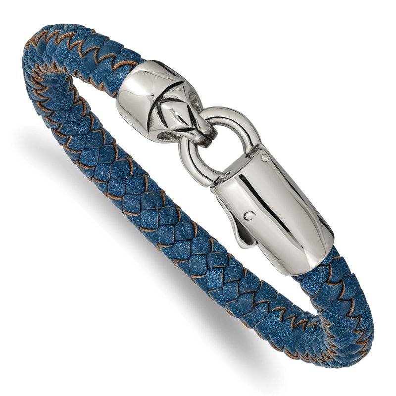 Stainless Steel Antiqued and Polished Blue Braided Leather 8.25 inch Bracelet