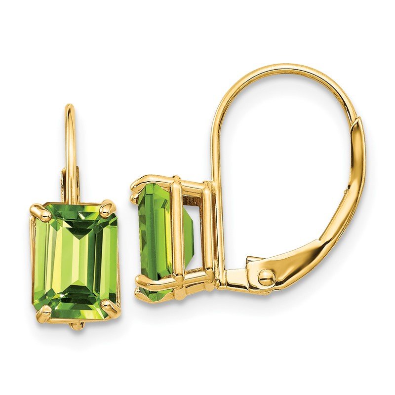 14k 7x5mm Emerald-cut Peridot Leverback Earrings