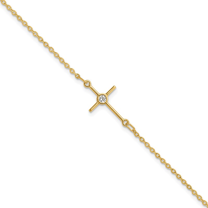 14K Polished CZ Cross Anklet