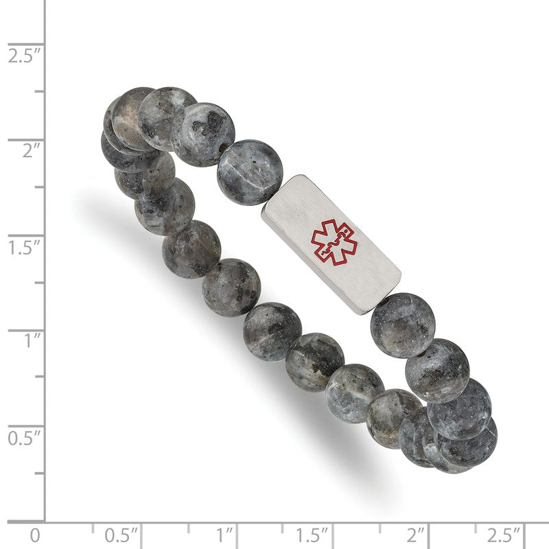 Stainless Steel Brushed with Red Enamel Medical ID 8.5mm Labradorite Beaded Stretch Bracelet