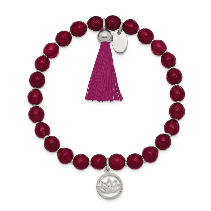 Stainless Steel Polished Lotus 6mm Pink Jade Beaded Stretch Bracelet with Tassel