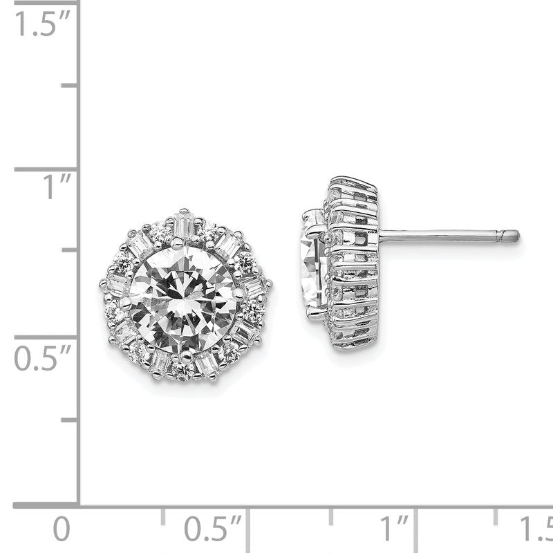 Sterling Silver Rhodium-plated Fancy Brilliant-cut and Emerald-cut CZ Halo Post Earrings