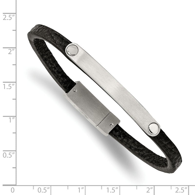 Stainless Steel Brushed Black Leather 8.25 inch ID Bracelet