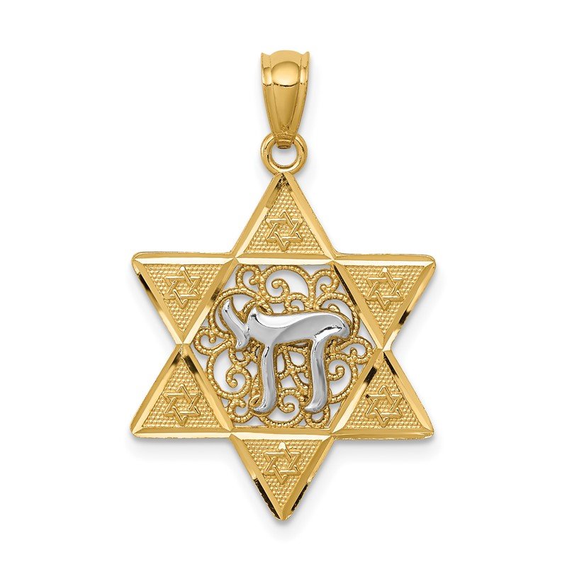 14k Two-tone Gold Polished Star of David with Chai Pendant