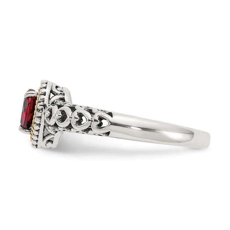 Sterling Silver with 14K Accent Antiqued Heart Garnet Ring