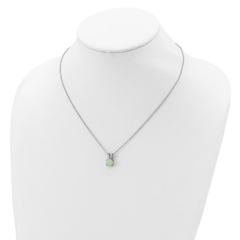 Sterling Silver Rhodium-plated Cabochon Lab Created Opal and Brilliant-cut CZ Split Bail 18 Inch Necklace