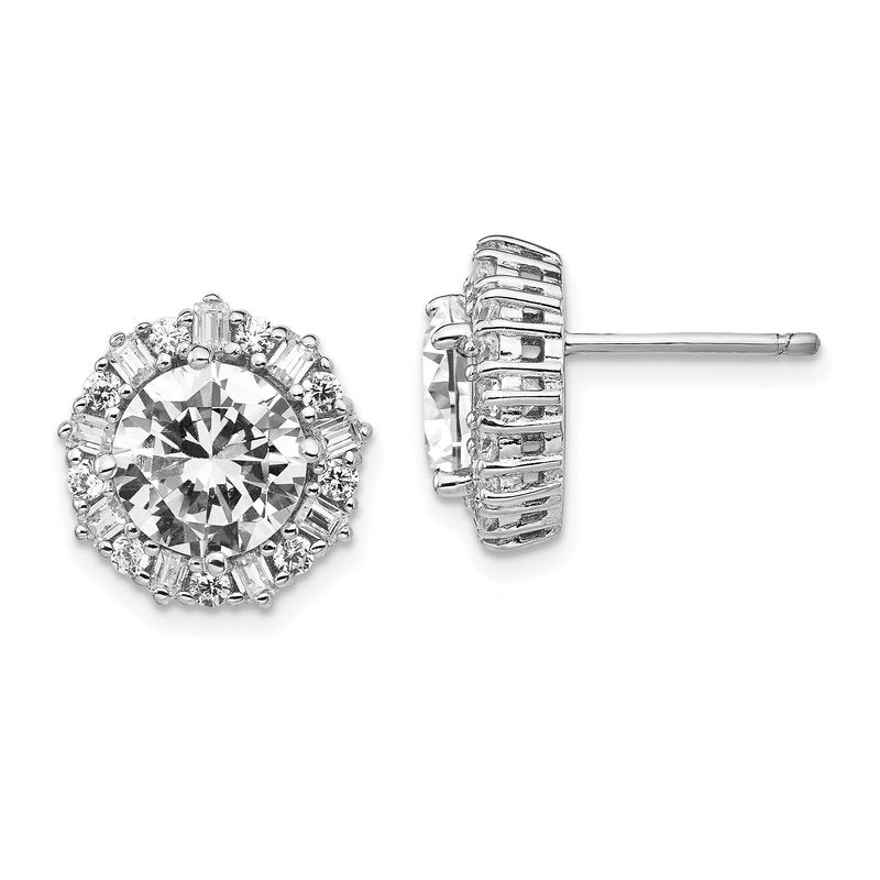 Sterling Silver Rhodium-plated Fancy Brilliant-cut and Emerald-cut CZ Halo Post Earrings
