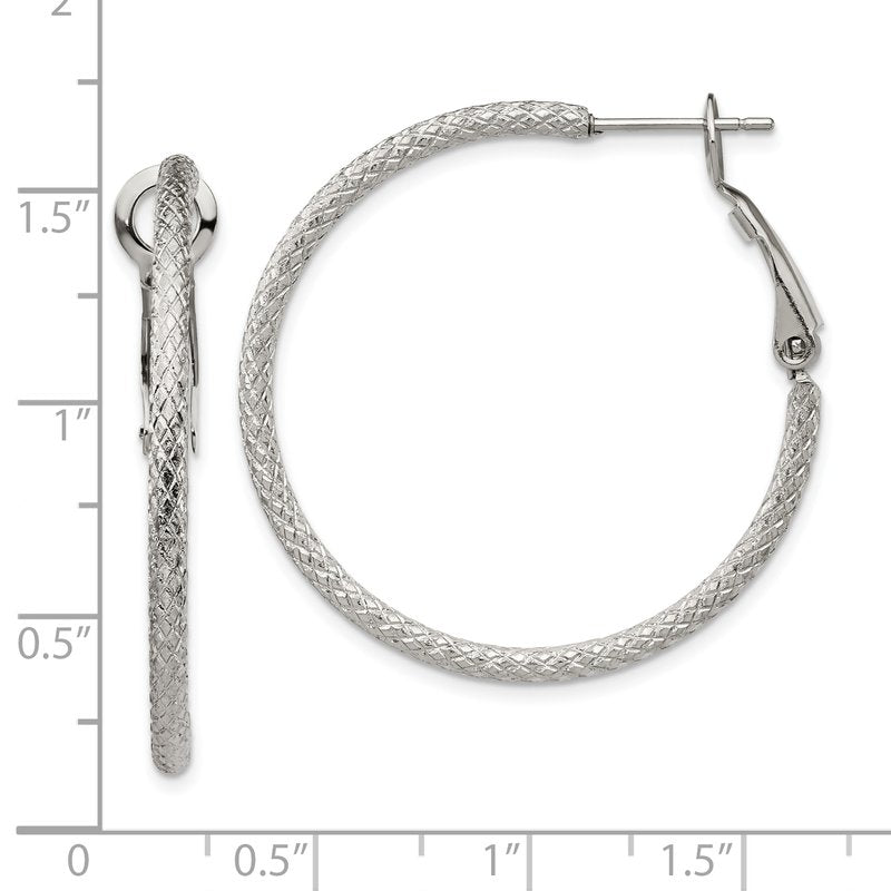Stainless Steel Polished and Textured 2mm Omega Back Hoop Earrings