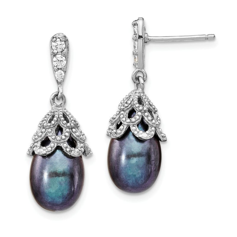 Sterling Silver Rhodium-plated Black Teardrop Freshwater Cultured Pearl and Brilliant-cut CZ Post Dangle Earrings