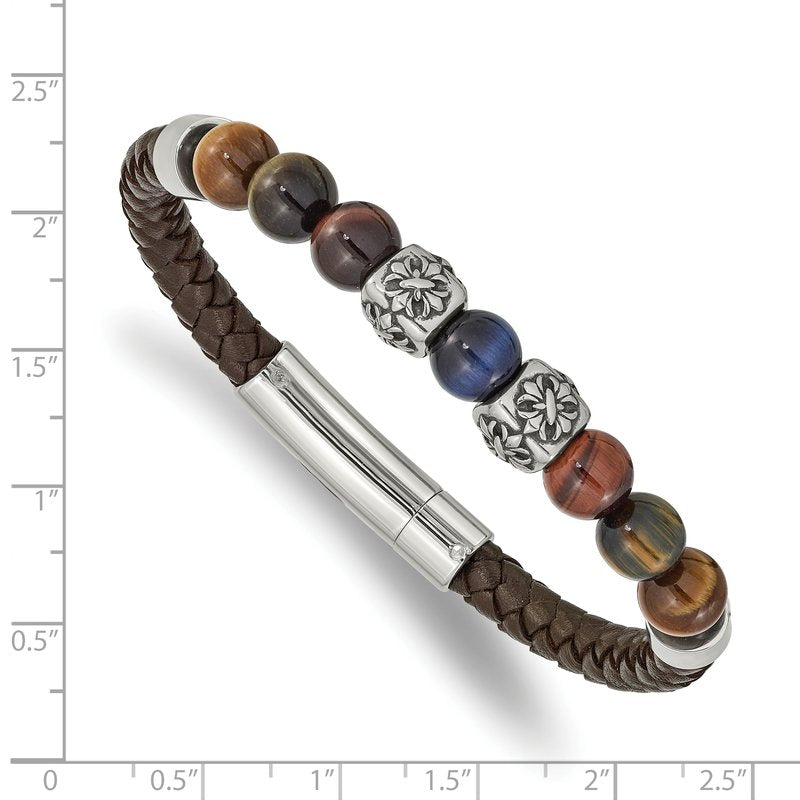 Stainless Steel Antiqued and Polished MultiColor Tiger's Eye Beads Brown Leather 8.5 inch Bracelet