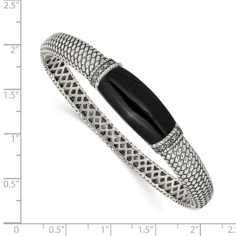 Sterling Silver Antiqued Black Onyx and Diamond Hinged Bangle Bracelet