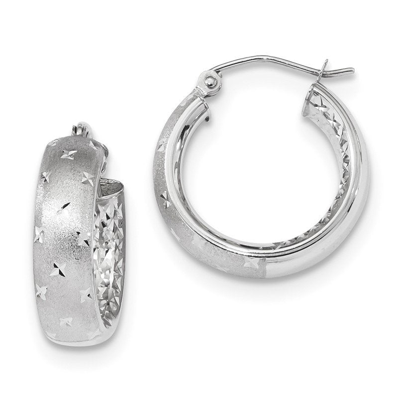 14k White Gold Polished, Satin &amp; D/C In/Out Hoop Earrings