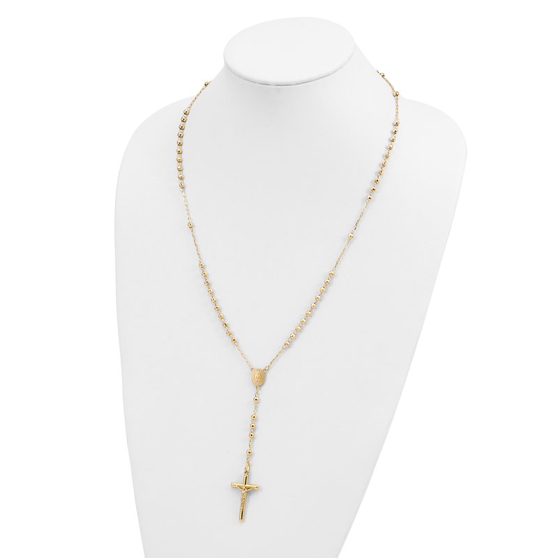 14k Polished Crucifix and Miraculous Medal with 4mm Mirror Beads Semi-solid 24 inch Rosary Necklace