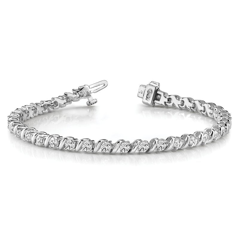 14k White Gold Complete 2 carat Round A Diamond Swirled 2-prong 7 inch Tennis Bracelet