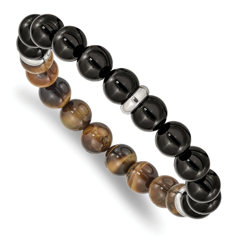 Stainless Steel Polished 10.5mm Black Agate and Tiger's Eye Beaded Stretch Bracelet