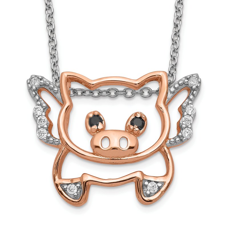 Sterling Silver Rose Gold-plated Brilliant-cut Black Glass and Brilliant-cut White CZ Flying Pig 18 Inch Necklace