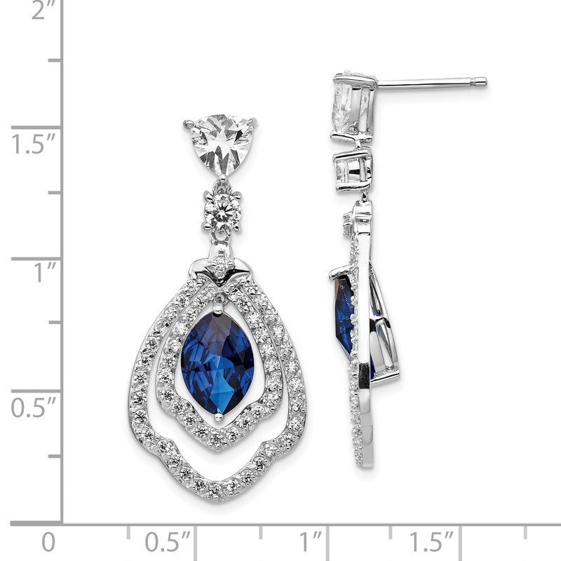 Sterling Silver Rhodium-plated Fancy Brilliant-cut Lab Created Dark Blue Spinel and Brilliant-cut White CZ Post Dangle Earrings
