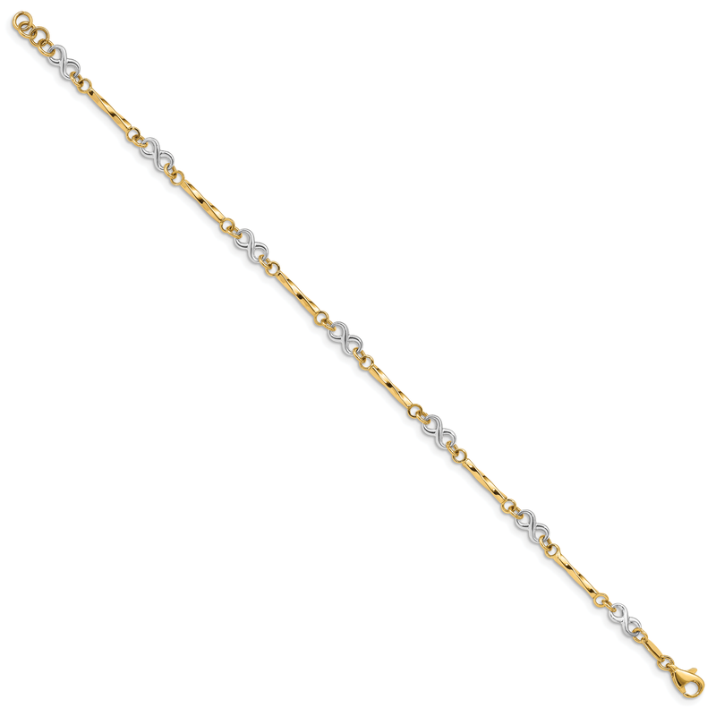 14K Two-tone Infinity Symbol and Twisted Fancy Bar Link 7.5 inch Bracelet