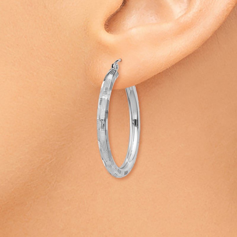 14k White Gold Diamond-cut Hoop Earrings