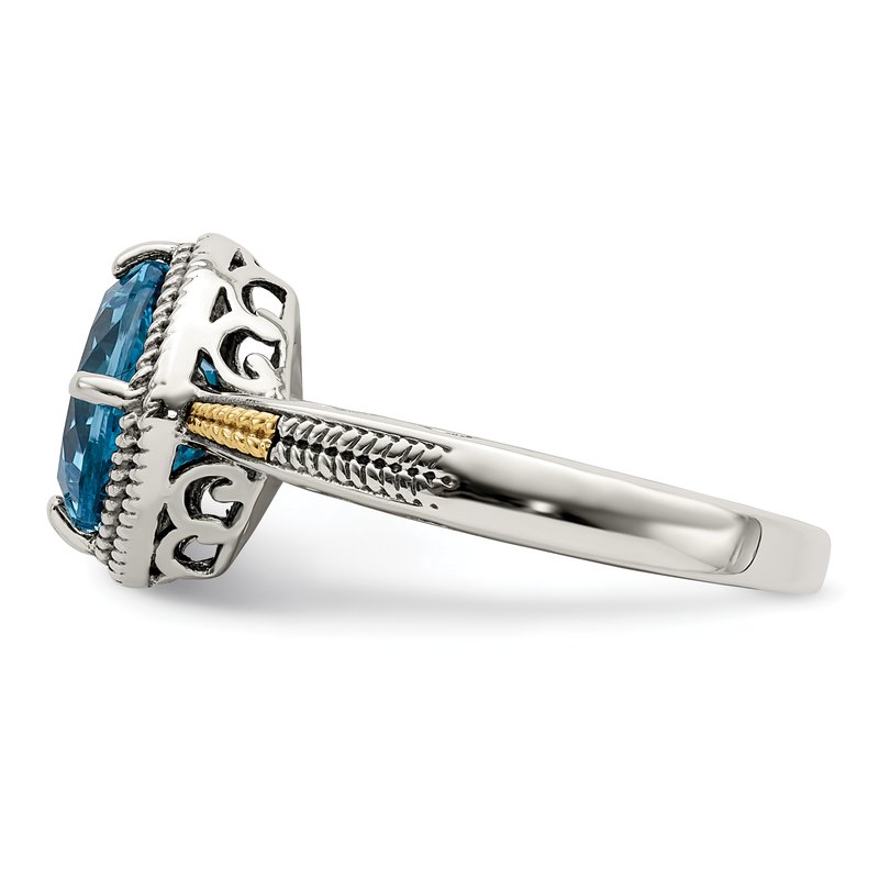 Sterling Silver with 14K Accent Antiqued Cushion Blue Topaz Ring