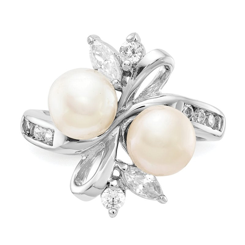 Sterling Silver Rhodium-plated Freshwater Cultured Pearl and Brilliant-cut CZ Leaves Ring