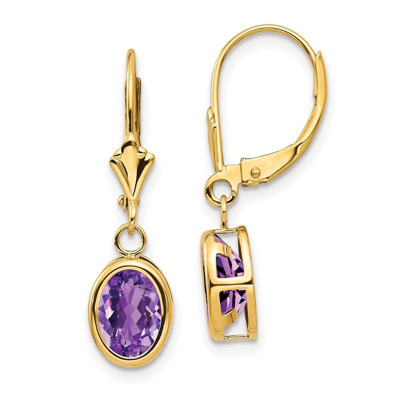 14k 8x6mm Oval Amethyst Bezel Leverback Dangle Earrings