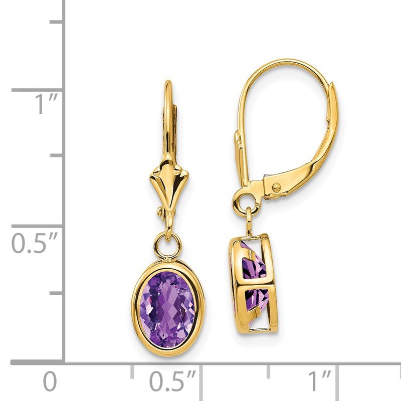 14k 8x6mm Oval Amethyst Bezel Leverback Dangle Earrings