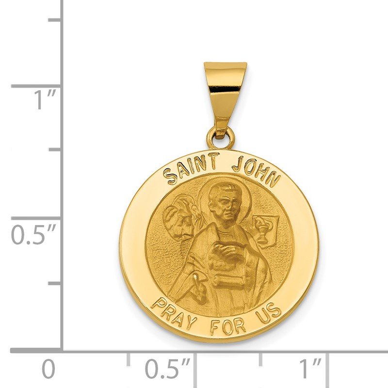 14k Polished and Satin Hollow Saint John Medal Round Pendant