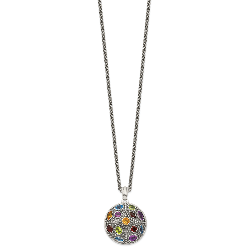 Sterling Silver with 14K Accent 18 Inch Antiqued .43Amethyst/.19Citrine/.32Blue Topaz/.32Peridot/.35Garnet Necklace