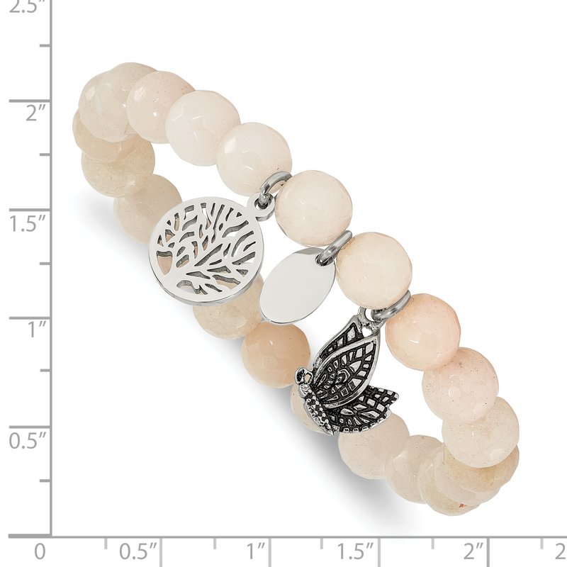 Stainless Steel Antiqued and Polished Butterfly and Tree of Life 8mm White Jade Beaded Stretch Bracelet