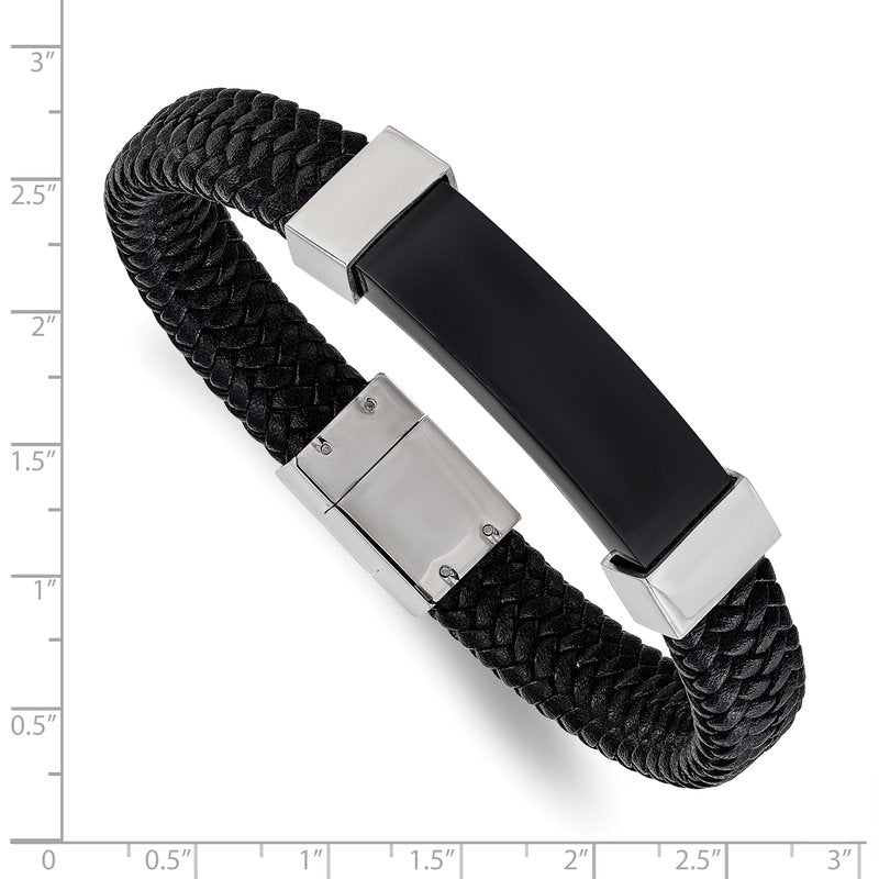 Stainless Steel Polished Black IP-plated Black Braided Leather 8.5 inch Bracelet