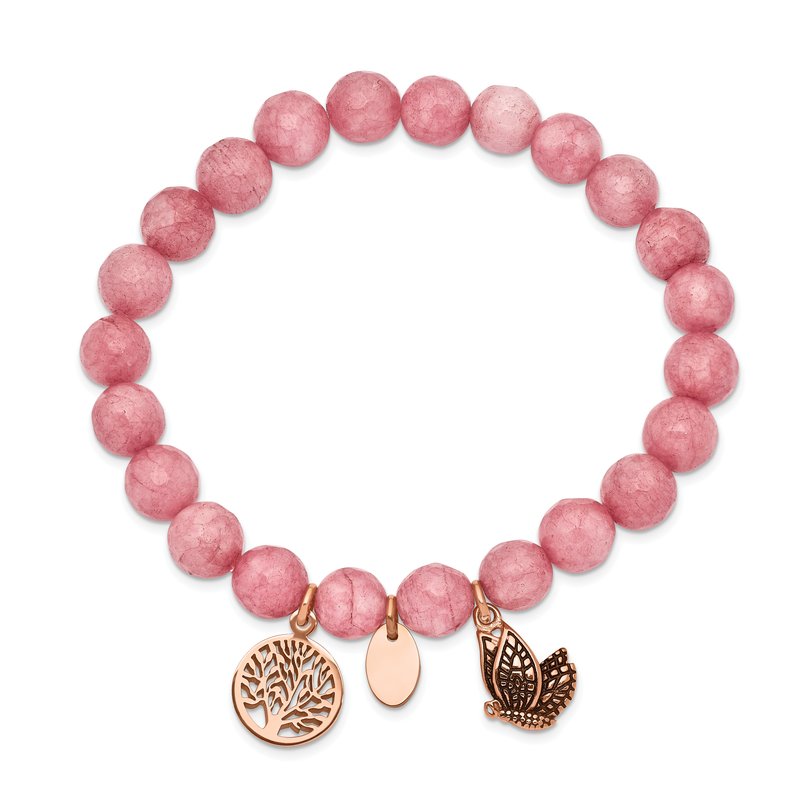 Stainless Steel Antiqued and Polish Rose IP-plated Butterfly and Tree of Life 8mm Pink Dyed Jade Beaded Stretch Bracelet