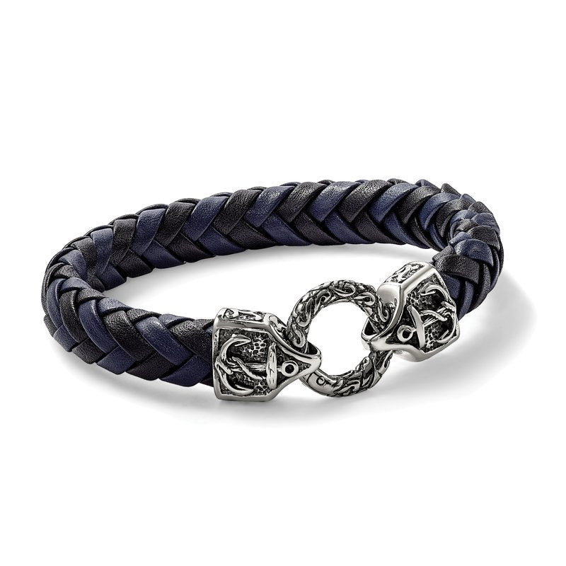 Stainless Steel Antiqued and Polished Black and Blue Braided Leather 8.25 inch Bracelet