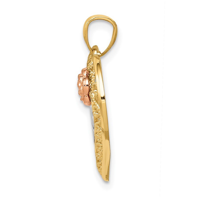 14k Two-tone with White Rhodium Diamond-cut MOM in Heart with Rose Pendant